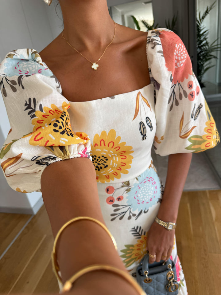 Avery™ | Square Neck Floral Print Puff Sleeve Midi Dress