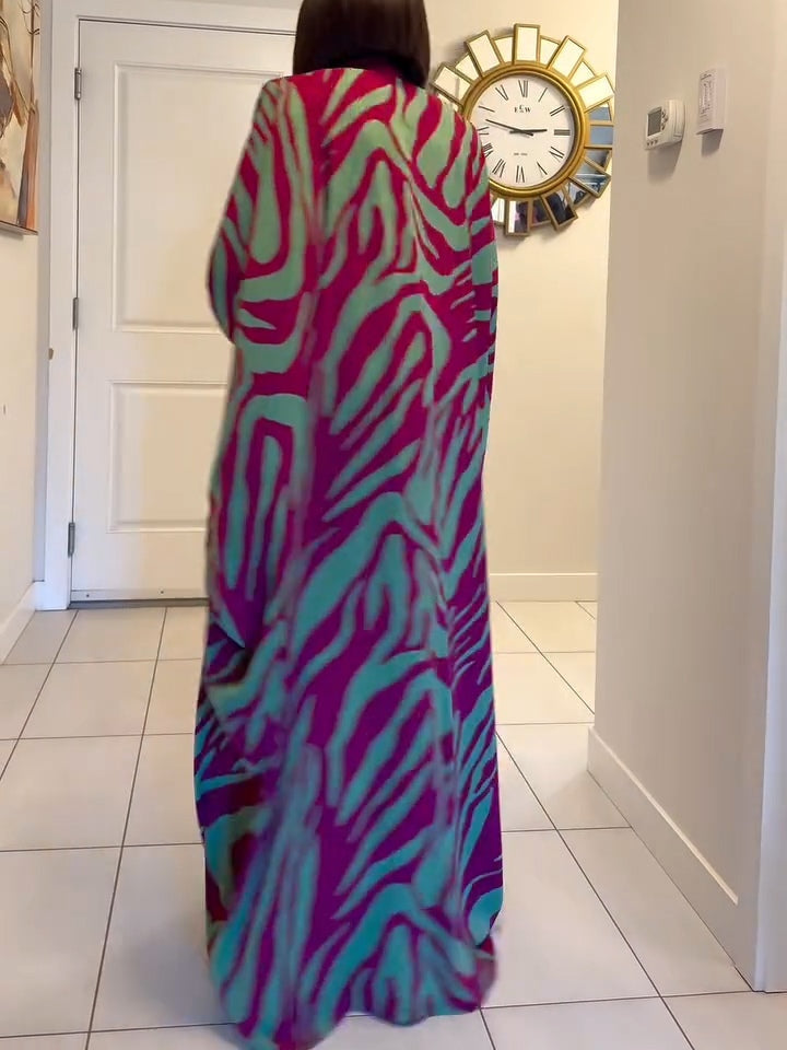 Ruby™ | Zebra Print V-Neck Batwing Sleeve Robe Maxi Dress