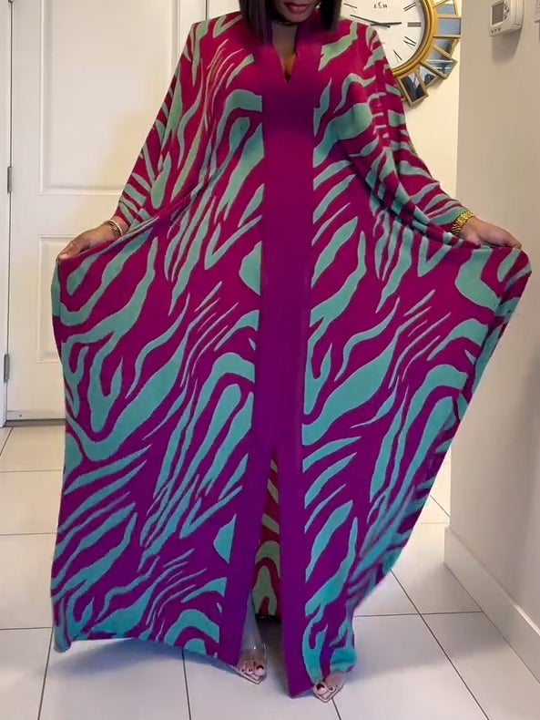 Ruby™ | Zebra Print V-Neck Batwing Sleeve Robe Maxi Dress